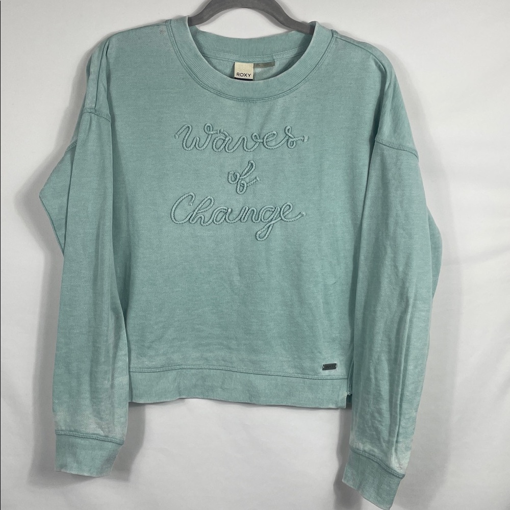 Roxy Light Blue Crewneck Distressed Sweater. Waves‎ of Change. Size Medium